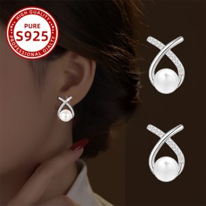 Elegant X-Shaped Freshwater Pearl Stud Earrings for Women - 925 Sterling Silvery with Zirconia Accents, Perfect for Daily Wear & Gifting