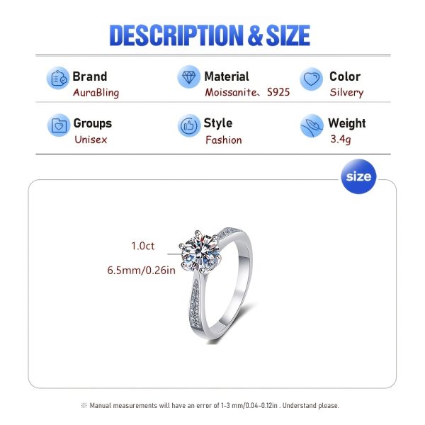 1 Carat Moissanite S925 Sterling Silver AuraBling Same Style Micro-set Six-claw Ring D Color - Image 4