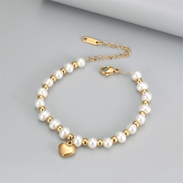 Heart-Shaped Dazzle Pendant Bracelet - Faux Pearl Beads, Stainless Steel, Minimalist Design, Perfect Valentine's Day Gift for Her, Hand Jewelry, Dainty and Elegant Accessory - Image 2