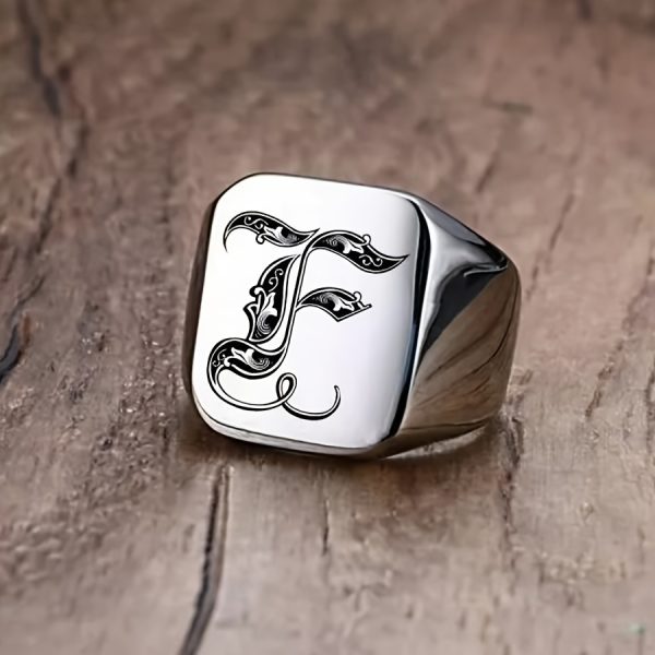 1pc Fashion Trendy 26 Letters Men's Square Stainless Steel Ring - Image 8