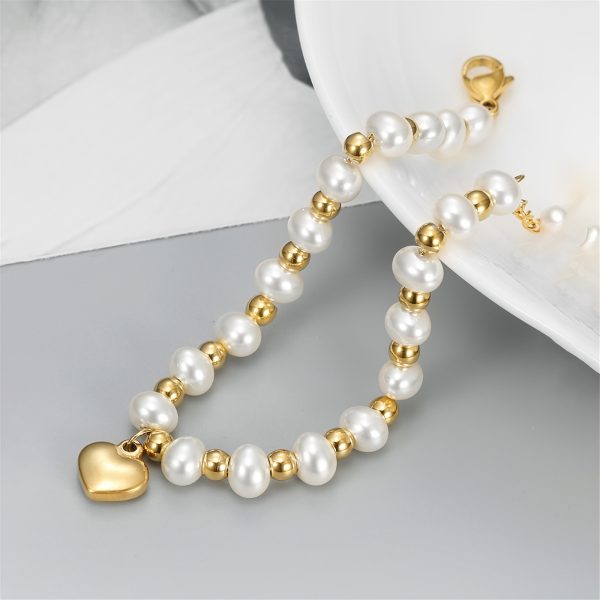 Heart-Shaped Dazzle Pendant Bracelet - Faux Pearl Beads, Stainless Steel, Minimalist Design, Perfect Valentine's Day Gift for Her, Hand Jewelry, Dainty and Elegant Accessory - Image 3