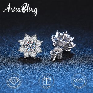 1 Pair of S925 Sterling Silver AuraBling Sunflower Moissanite Stud Earrings with Gift Box and Silver Polishing Cloth