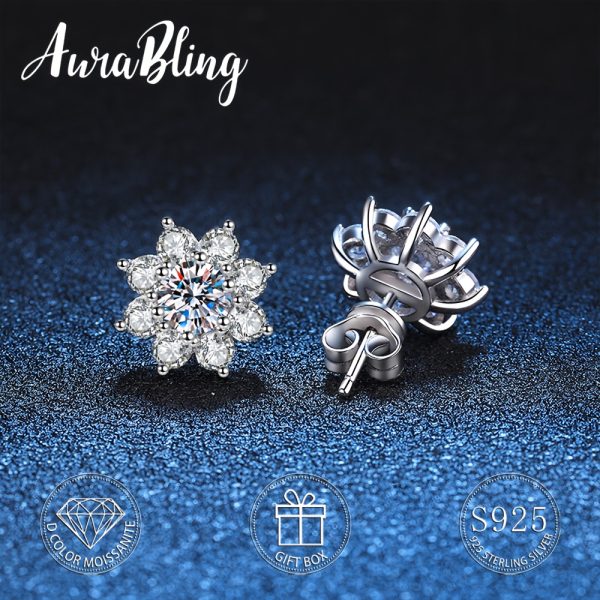 1 Pair of S925 Sterling Silver AuraBling Sunflower Moissanite Stud Earrings with Gift Box and Silver Polishing Cloth