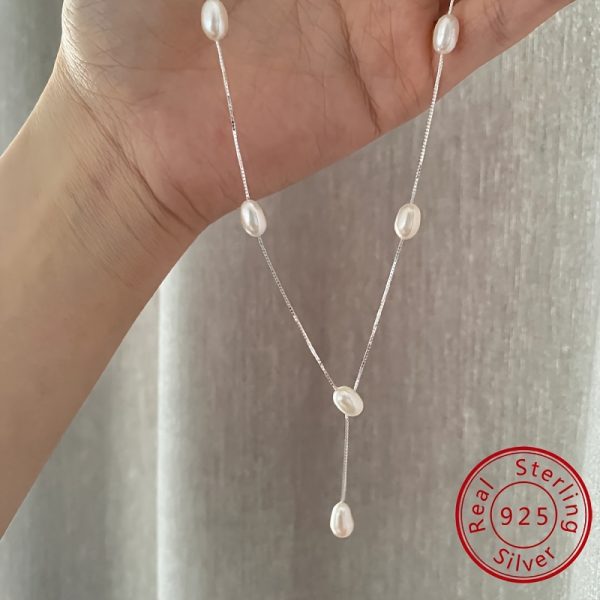 925 Sterling Silver Long Extended Chain Freshwater Pearl Tassel Y-Shaped Necklace for Women - Elegant Simple Birthday Valentine's Day Jewelry Gift - Image 2