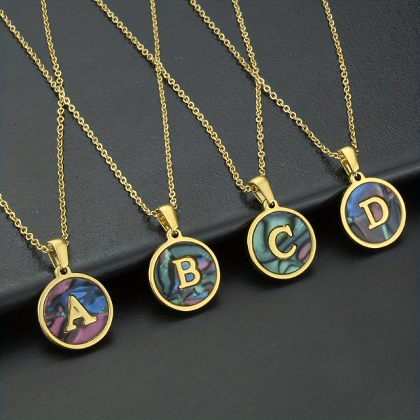 26-Letter Stainless Steel Round Abalone Pendant Necklace for Women - 18K Plated Jewelry with Personalized English Alphabet Letter Charm - Durable, Hypoallergenic, and Nickel-Free Accessories for Women's Everyday Wear - Image 9