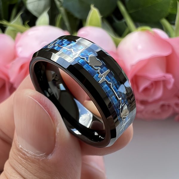 Stylish 8mm Stainless Steel Ring with Heartbeat Design & Black Carbon Fiber - Promise Ring for Weddings & Parties, Comfort Fit Sizes 6-13 - Image 4