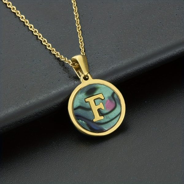 26-Letter Stainless Steel Round Abalone Pendant Necklace for Women - 18K Plated Jewelry with Personalized English Alphabet Letter Charm - Durable, Hypoallergenic, and Nickel-Free Accessories for Women's Everyday Wear - Image 13