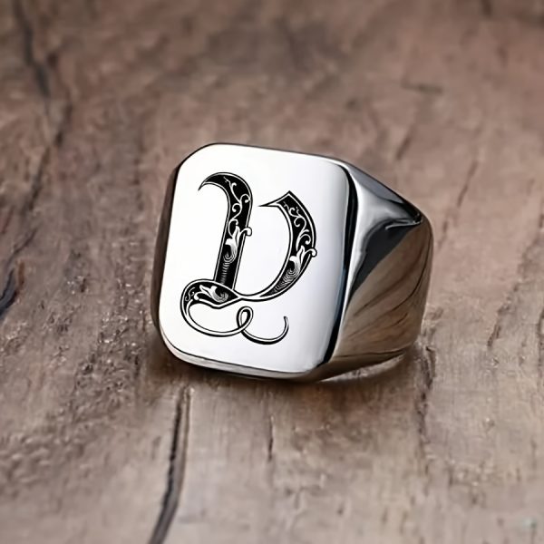 1pc Fashion Trendy 26 Letters Men's Square Stainless Steel Ring - Image 25