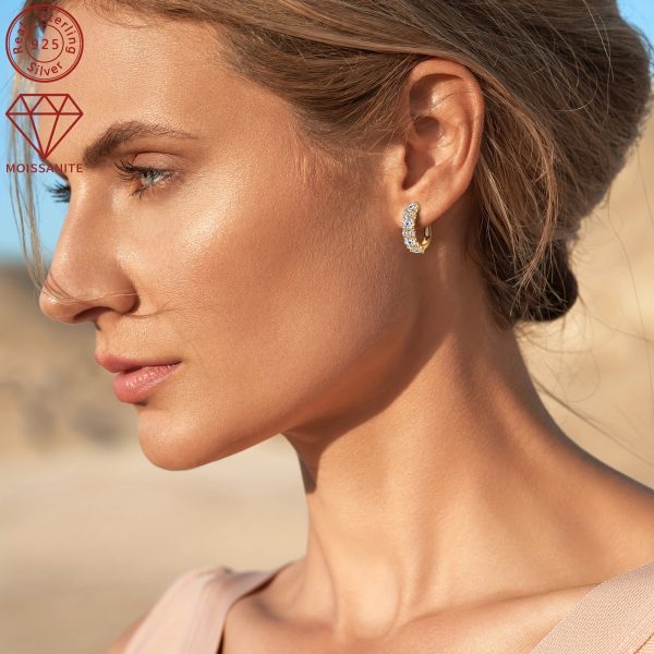 Elegant 14K Golden Plated 925 Sterling Silver Hoop Earrings with Synthetic Moissanite Stones, Luxury Round Cut April Birthstone Earrings, Perfect for Wedding and Christmas Holiday Season - Image 7