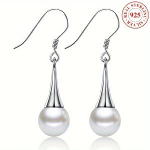 Sterling 925 Silver Pearl Dangle Earrings - Drop & Dangle Elegant Jewelry with Hypoallergenic Freshwater Pearl Decor, Simple and Casual Style for Daily Wear, Perfect Gift for Women and Girls
