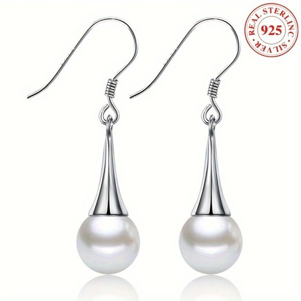 Sterling 925 Silver Pearl Dangle Earrings - Drop & Dangle Elegant Jewelry with Hypoallergenic Freshwater Pearl Decor, Simple and Casual Style for Daily Wear, Perfect Gift for Women and Girls