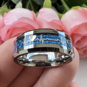 Stylish 8mm Stainless Steel Ring with Heartbeat Design & Black Carbon Fiber - Promise Ring for Weddings & Parties, Comfort Fit Sizes 6-13