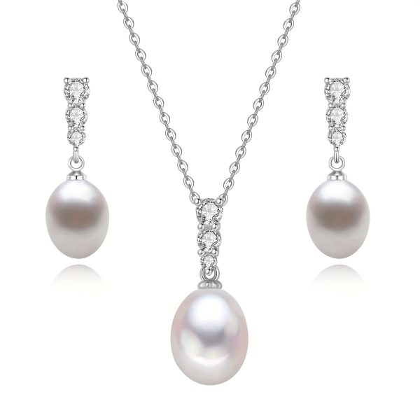 9-10MM 925 Sterling Silver Freshwater Cultured Pearl Necklace And Earrings Set - Image 3