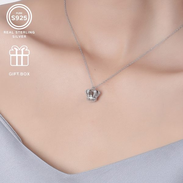 Elegant S925 Sterling Silvery Crown Pendant Necklace with Cubic Zirconia - Perfect Gift for Birthdays & Holidays, Fashion Accessory - Image 5