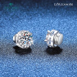 LOVESSOM Classic Round Moissanite Stud Earrings 1 Carat 925 Sterling Silver Magnetic Clip-on, 18K Gold Plated, Casual Style No Piercing Required, Perfect Gift for Holidays & Daily Wear with Gift Box