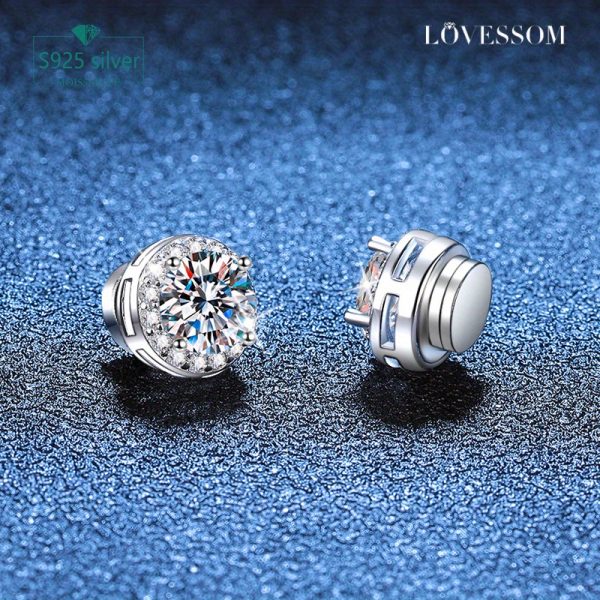 LOVESSOM Classic Round Moissanite Stud Earrings 1 Carat 925 Sterling Silver Magnetic Clip-on, 18K Gold Plated, Casual Style No Piercing Required, Perfect Gift for Holidays & Daily Wear with Gift Box