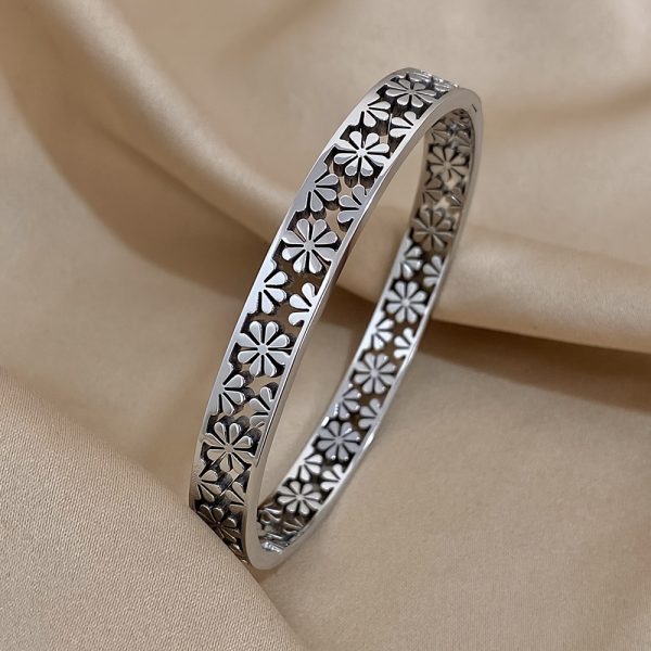 1pc Hollow Flower Shape Stainless Steel Bangle Bracelet For Men Women, Vintage Jewelry - Image 2