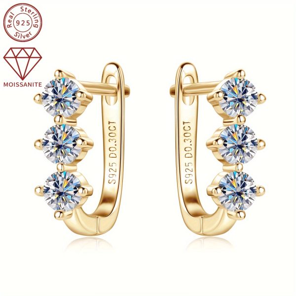 Elegant Moissanite Hoop Earrings 925 Sterling Silver, 1.18g - Synthetic April Birthstone, 14K Golden Plated, 3mm*6pcs and 0.3ct*2pcs, Women's Fashion Jewelry for Daily and Wedding, Christmas Holiday Gift, All Seasons - Image 4