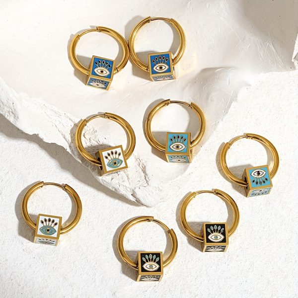 1 Pair Stainless Steel Vintage Punk Square Evil Eye Hoop Earrings For Men, Hip Hop Ear Jewelry - Image 4