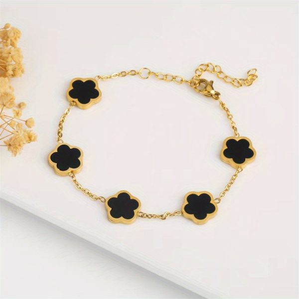 18K Gold Plated Flower Design Stainless Steel Bracelet, Elegant Floral Style Hand Decor Bracelet Jewelry Gift - Image 6