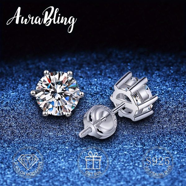 1 Pair of Exquisite AuraBling S925 Sterling Silver Classic D Color Moissanite Stud Earrings - Timeless Earrings with Gift Box, Silver Polishing Cloth, and Sparkling Brilliance - Image 2