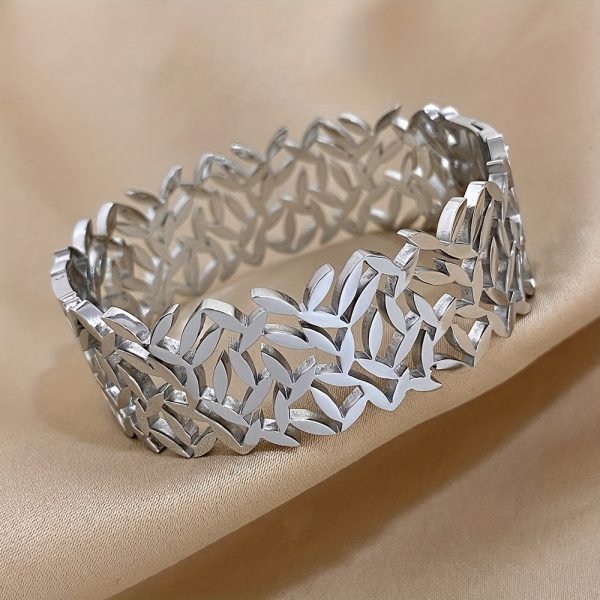 1pc Elegant Leaf-Design Wide Stainless Steel Cuff Bracelet - Unisex Statement Accessory for Casual & Formal Wear - Image 5