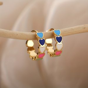 1 Pair Boho Stainless Steel Golden Plated Multicolor Heart Shaped Hoop Earrings For Men