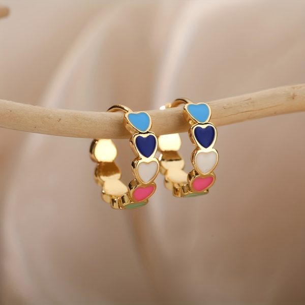 1 Pair Boho Stainless Steel Golden Plated Multicolor Heart Shaped Hoop Earrings For Men