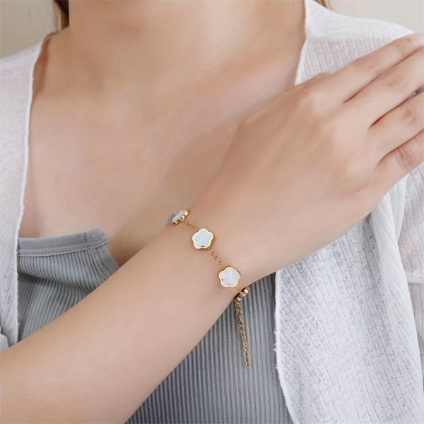 18K Gold Plated Flower Design Stainless Steel Bracelet, Elegant Floral Style Hand Decor Bracelet Jewelry Gift - Image 10