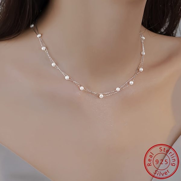 1pc Exquisite S925 Sterling Silver Double Layer Shell Pearl Necklace - Elegant Collarbone Chain with Luminous Pearls and Delicate Craftsmanship - Perfect Gift for Women on Birthday, Mother's Day, Valentine's Day - Image 4