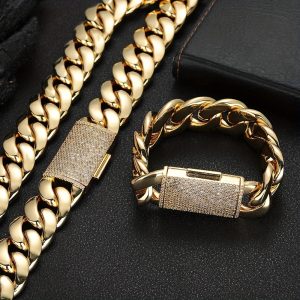 2pcs Thick Hip Hop Jewelry Set - Stainless Steel Cuban Link Chain Necklace and Bracelet for Men - 14MM Buckle, Durable, Shine Finish, Fashionable
