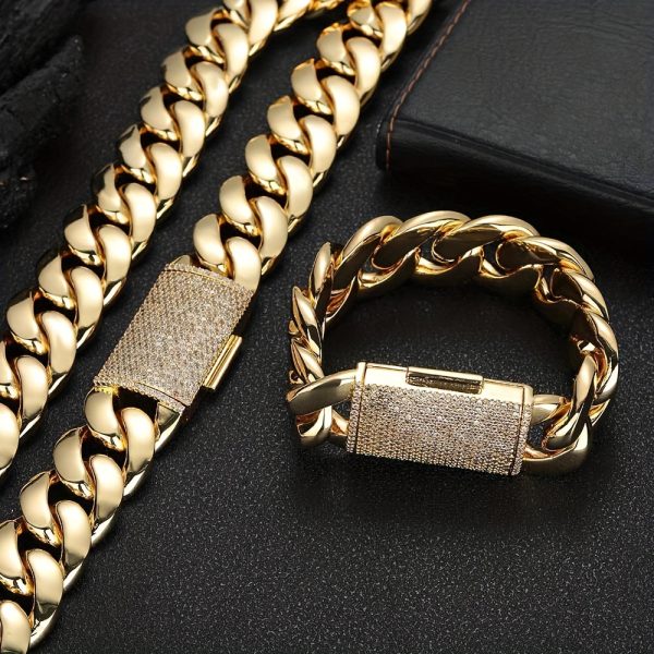 2pcs Thick Hip Hop Jewelry Set - Stainless Steel Cuban Link Chain Necklace and Bracelet for Men - 14MM Buckle, Durable, Shine Finish, Fashionable