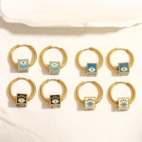 1 Pair Stainless Steel Vintage Punk Square Evil Eye Hoop Earrings For Men, Hip Hop Ear Jewelry - Image 2