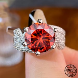 925 Sterling Silver 5 Carat Red Moissanite Ring For Women, Perfect For Engagementu002FProposalu002FBirthdayu002FAnniversary Gift, 18K White Gold Plated, Elegant & Bling Style