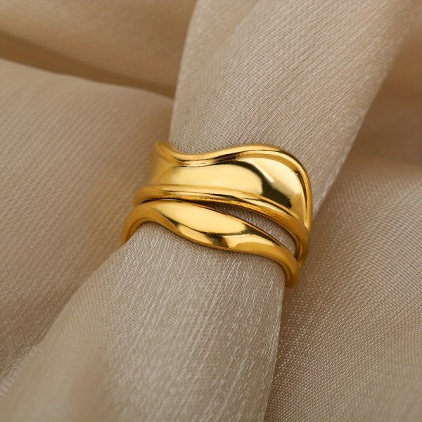 Geometric Wave Open Ring, Stainless Steel Golden Plated Ring for Women - Image 7