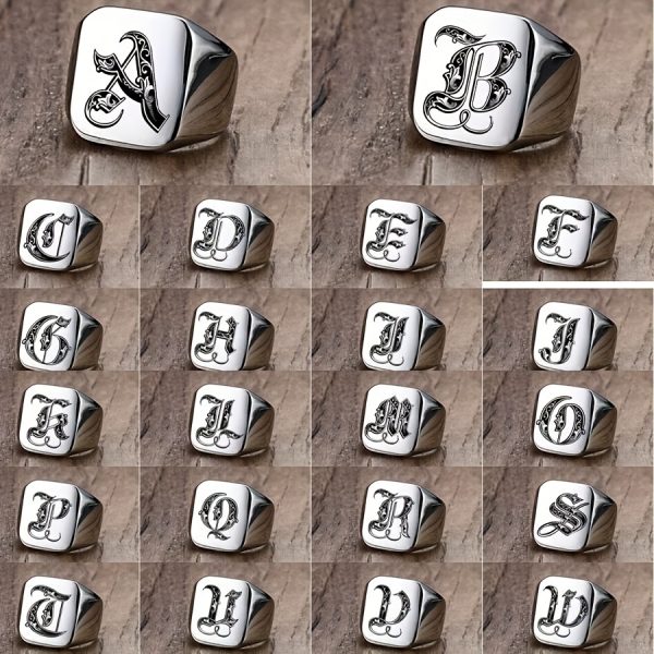 1pc Fashion Trendy 26 Letters Men's Square Stainless Steel Ring - Image 3