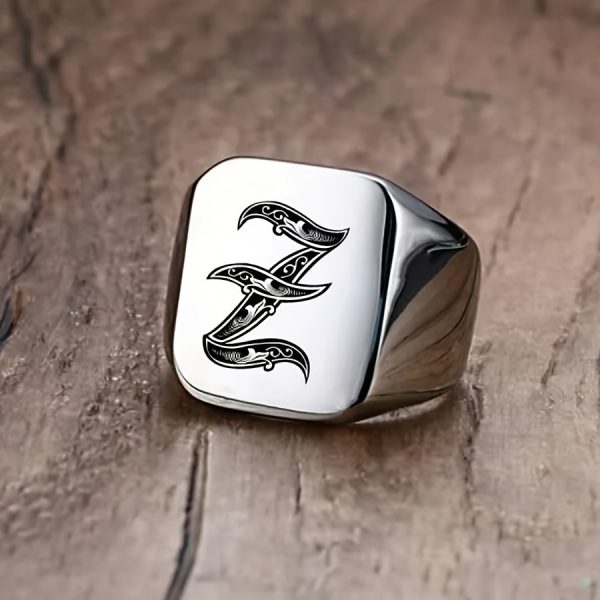 1pc Fashion Trendy 26 Letters Men's Square Stainless Steel Ring - Image 29