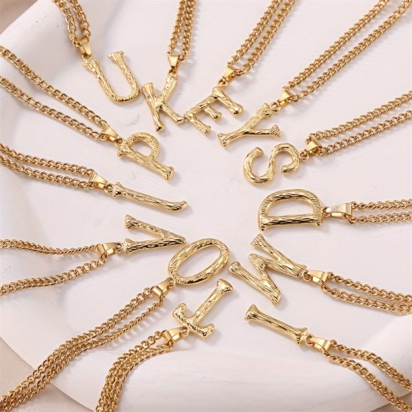 1pc Novel Trendy Stainless Steel Electroplated Golden English 26 Letters Fashion Pendant Necklace For Men And Women - Image 3