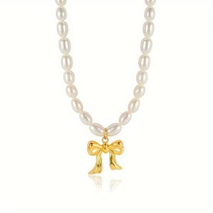 Elegant Freshwater Pearl Bow Pendant Necklace - Vintage-Inspired Clavicle Chain for Men & Women, Perfect Gift Idea