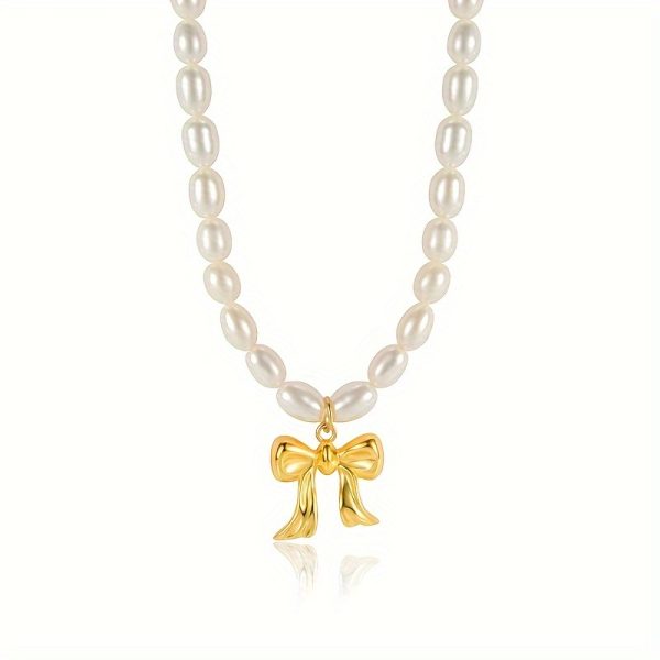 Elegant Freshwater Pearl Bow Pendant Necklace - Vintage-Inspired Clavicle Chain for Men & Women, Perfect Gift Idea