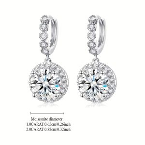 1pair Simple Classic 925 Sterling Silver Moissanite Round Drop Earrings, Halloween Christmas Birthday Gift