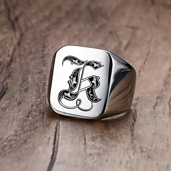 1pc Fashion Trendy 26 Letters Men's Square Stainless Steel Ring - Image 14