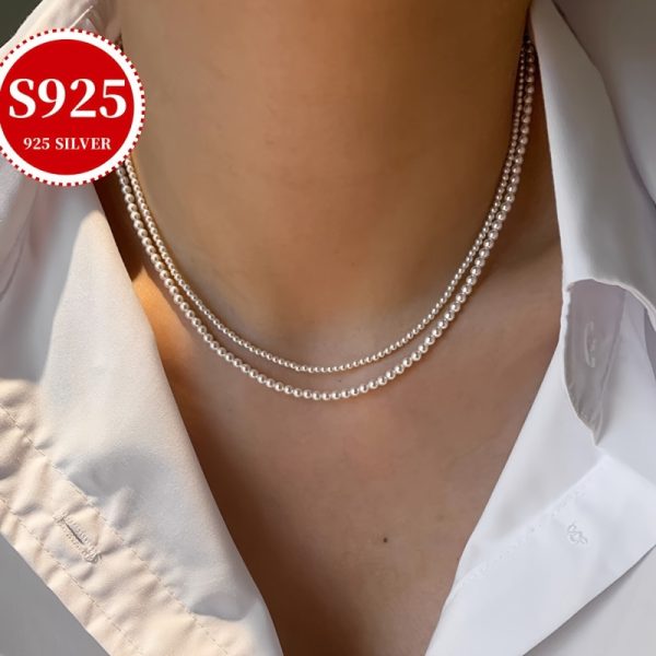 33gu002F1.16oz S925 Sterling Silver Freshwater Pearl Multi-Layered Necklace, Real Round Beads, Baroque Style, Vintage Luxurious, Daily Fashion Accessory, Perfect Gift With Anti-oxidation Box, Women's Elegant Jewelry For Valentine's & Mother's Day - Image 2