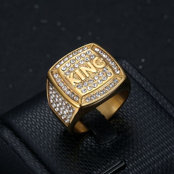 1pc 316L Stainless Steel Hip Hop Punk Style Ring, Luxurious Goldenu002FSilvery King Ring, Inlaid With Rhinestone Ring For Men, Boyfriends Gift Fashion Jewelry - Image 2