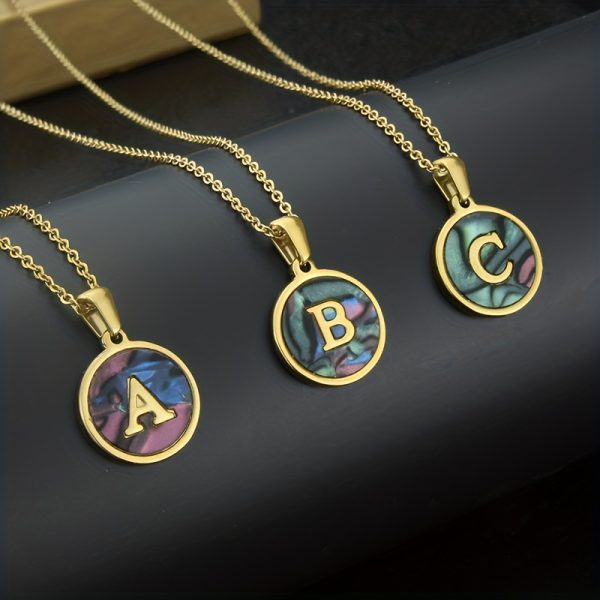 26-Letter Stainless Steel Round Abalone Pendant Necklace for Women - 18K Plated Jewelry with Personalized English Alphabet Letter Charm - Durable, Hypoallergenic, and Nickel-Free Accessories for Women's Everyday Wear - Image 11