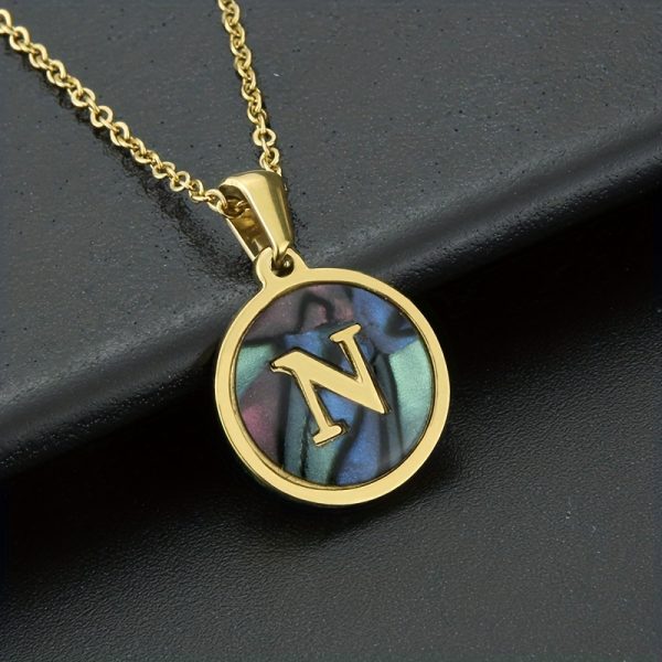 26-Letter Stainless Steel Round Abalone Pendant Necklace for Women - 18K Plated Jewelry with Personalized English Alphabet Letter Charm - Durable, Hypoallergenic, and Nickel-Free Accessories for Women's Everyday Wear - Image 24