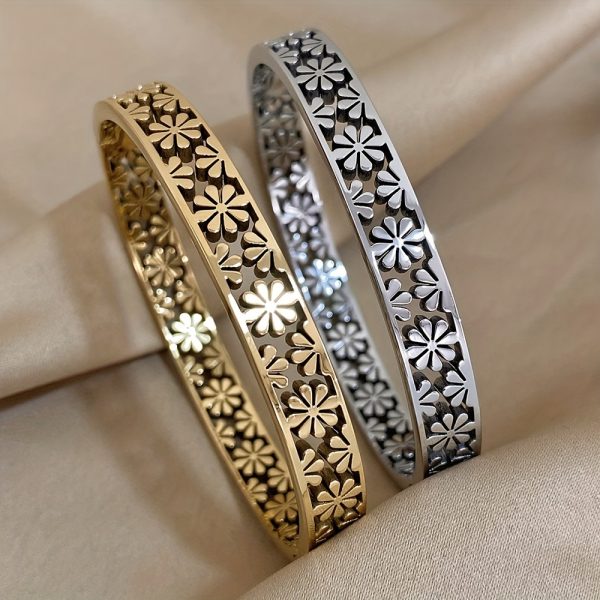 1pc Hollow Flower Shape Stainless Steel Bangle Bracelet For Men Women, Vintage Jewelry - Image 5