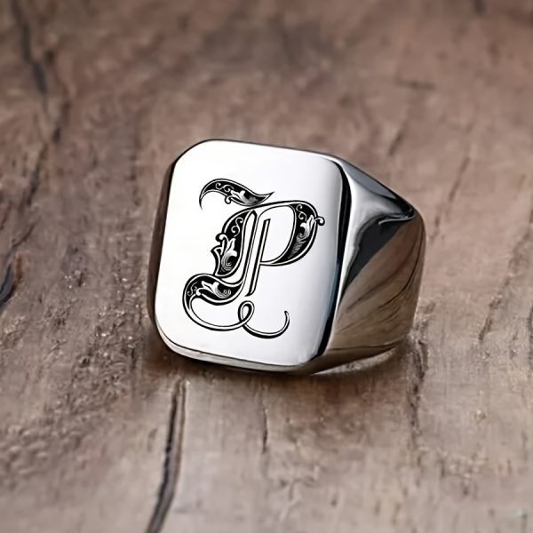 1pc Fashion Trendy 26 Letters Men's Square Stainless Steel Ring - Image 19