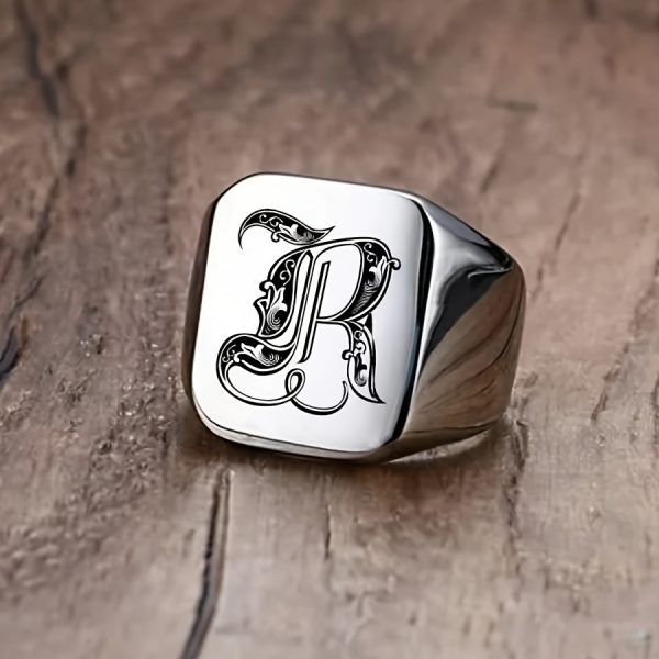 1pc Fashion Trendy 26 Letters Men's Square Stainless Steel Ring - Image 21