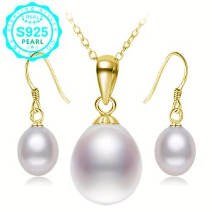 S925 Sterling Silver 6A Grade Genuine Pearl Pendant Earring Set, Pendant Pearl 10.5-11.5mm, Earring Pearl 7-8mm, 45+5cmu002F18+2inch